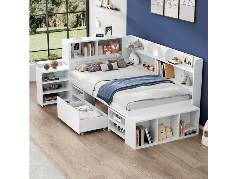  Lit enfant 90x200 cm avec rangement, tiroir et étagères en contreplaqué blanc  - Conforama C