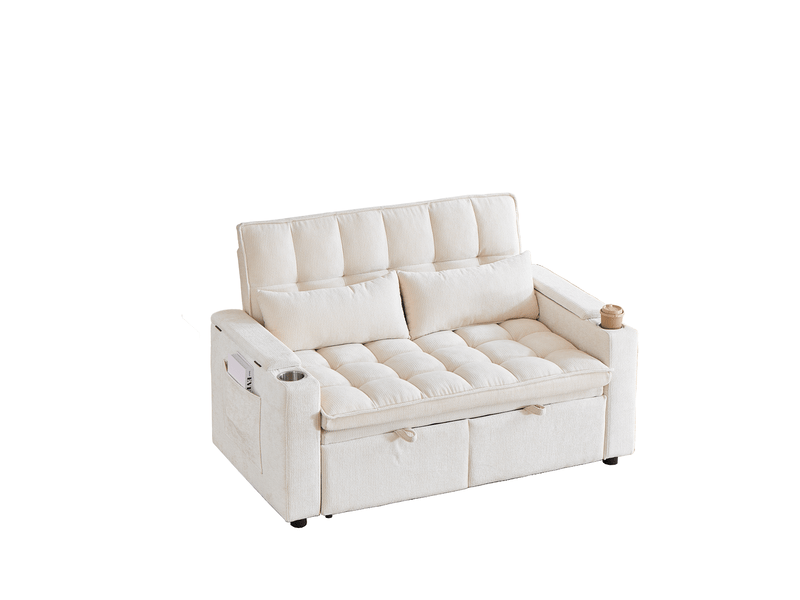 Canapé convertible 3-en-1, canapé 2 places avec rangement 142x89x89 cm en chenille beige - Conforama A