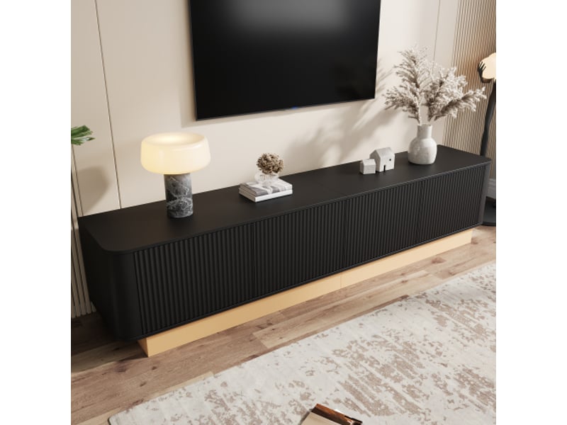  Meuble tv bas 200 cm – luxe, 4 portes, grand rangement, casiers réglables, coins arrondis, mdf, minimalisme moderne  - Conforama E