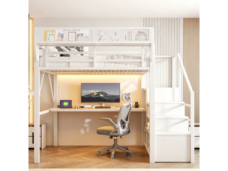  Lit mezzanine 140x200cm - lit double 140x200 en métal avec bureau, escalier de sécurité et éclairage led rgb - blanc  - Conforama D