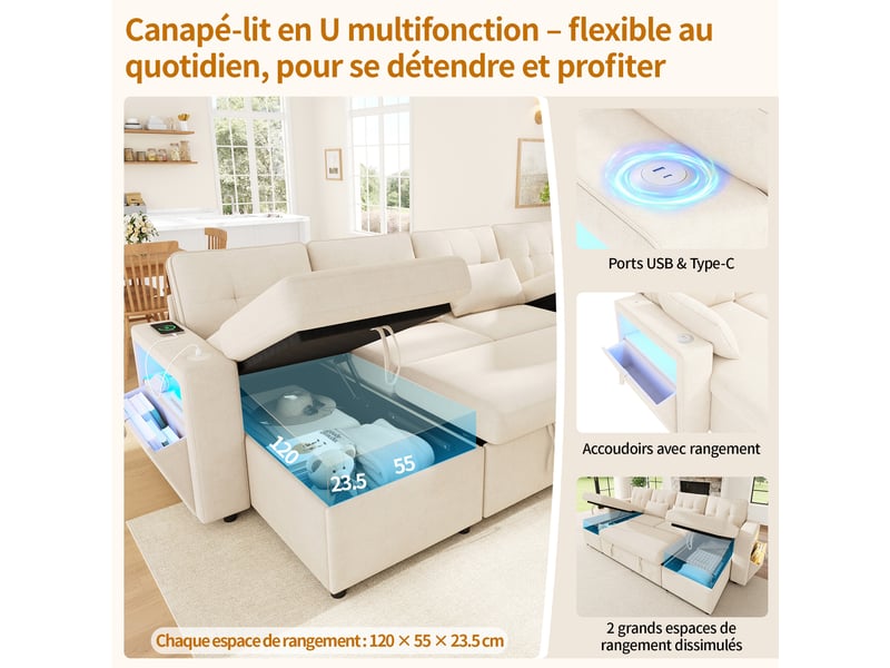 Canapé d'angle modulable en u 4 places convertible, 2 méridiennes, rangement, led, usbtype-c, chenille beige - Conforama E