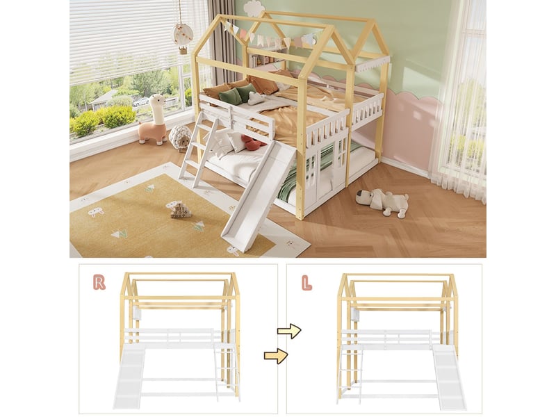  Lit enfant 90 x 200 cm structure mi-haute espace de jeu inférieur forme cabane finitions blanc et bois naturel toboggan échelle design porte montage gauche ou droite  - Conforama D