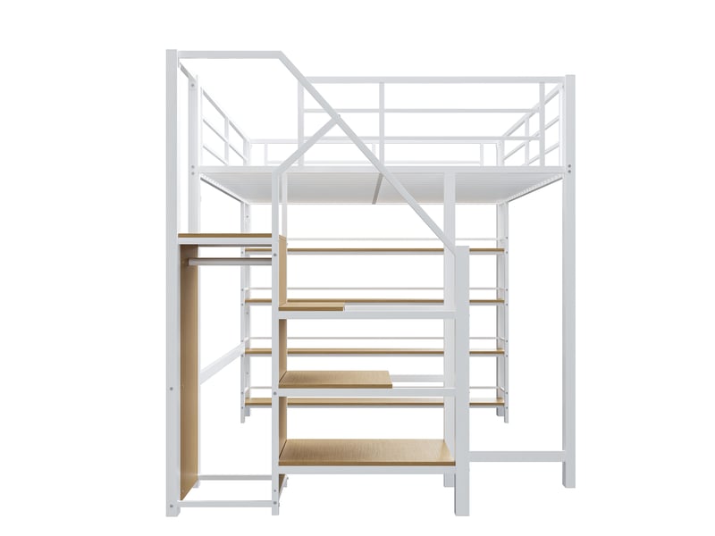  Lit mezzanine 140x200 cm blanc, escalier sécurisé, armoire, étagères, rangements et barrières hautes  - Conforama E
