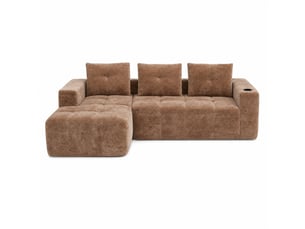 Canapé d'angle compressé 258 cm en chenille marron clair, 3 places avec 3 coussins et porte-gobelets