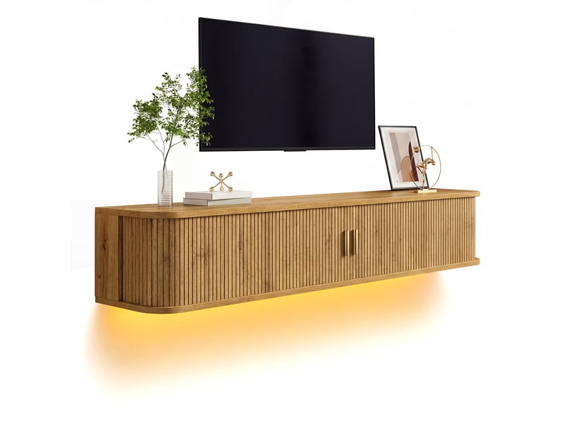  Meuble tv mural 175x30x30 cm avec led, mdf, coloris naturel  - Conforama A