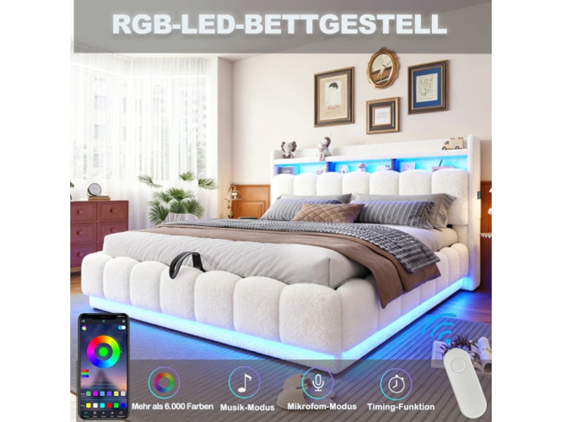  Lit capitonné 180x200 cm blanc avec rangement hydraulique, ledusb, sommier métallique, fourrure d'agneau, grand espace  - Conforama E