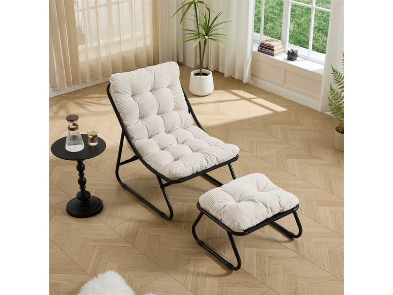  Fauteuil de jardin avec repose-pied - 65x78x86cm - chaise lounge relax avec coussin moelleux - acier &amp; velours côtelé - blanc  - Conforama D