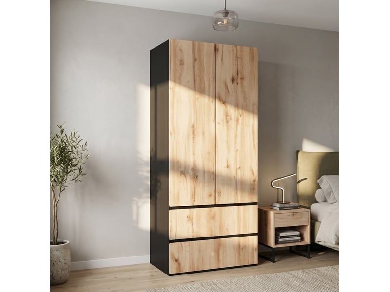  Armoire 90x50x200 cm avec 1 barre de penderie, 2 tiroirs et 2 portes, mdf et panneau de particules, bois  - Conforama E
