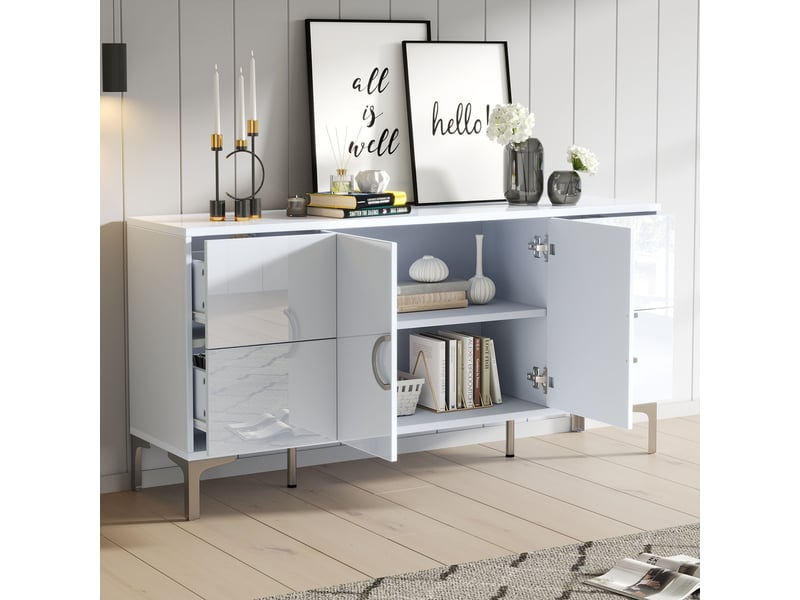  Buffet blanc laqué 150 cm meuble de rangement 4 tiroirs 2 portes mdf pieds en métal  - Conforama D