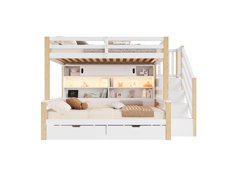  Lit superposé enfant 90x200 cm – blanc et naturel – escalier de rangement, led, usb et type-c - sans matelas  - Conforama A