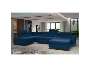 Canapé panoramique bleu foncé 5 places angle gauche pieds métal 9cm clotis