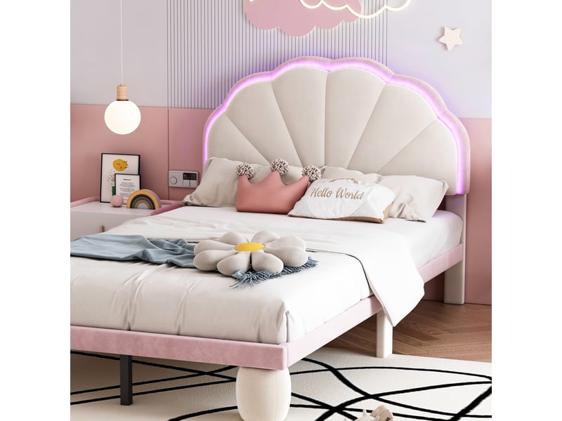  Lit enfant rembourré 90 x 200 cm en velours beige et rose avec led Fay Lum - Conforama R
