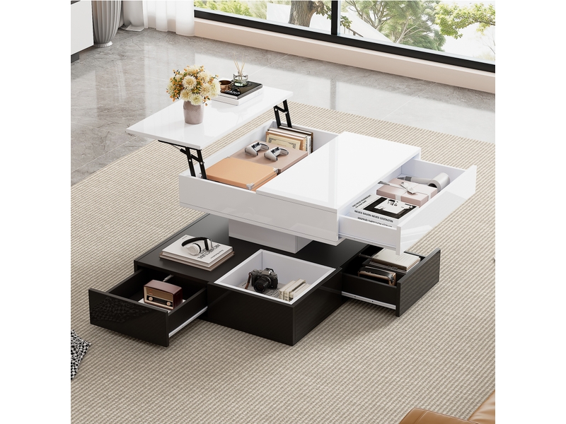  Table basse relevable avec 3 tiroirs, plateau pivotant à 360°, rangement ouvert, en panneau de particules, 70×70×40 cm, blanc noir - uvrion  - Conforama C