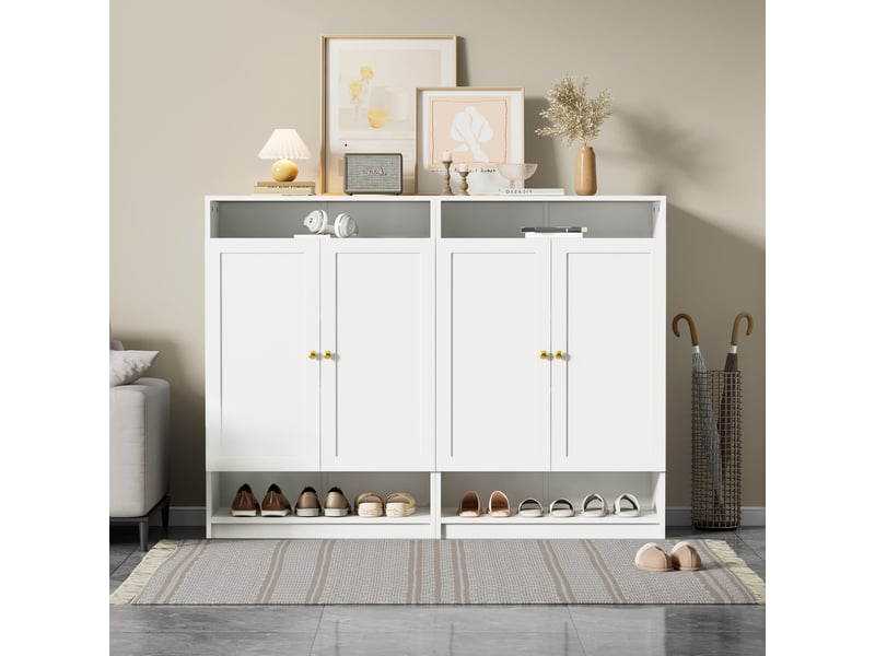  Meuble à chaussures 2 portes blanc, 146x34x109 cm, rangement avec étagères réglables et poignées dorées  - Conforama B