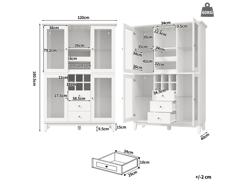  Armoire à vin 120x40x180,5 cm avec led rgb, 3 tiroirs et range-verres, blanc  - Conforama C