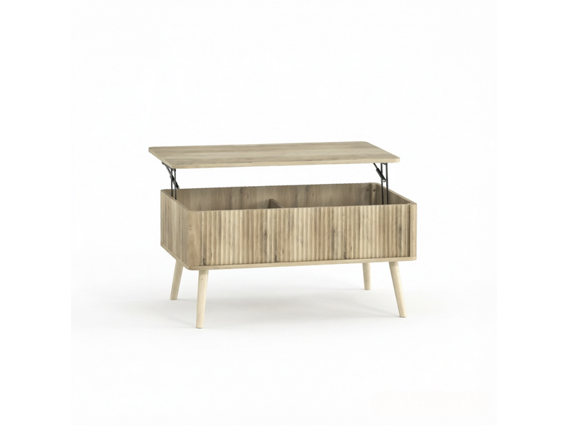  Table basse relevable, avec 2 compartiments cachés et plateau réglable, pour salon, mdf et bois, chêne  - Conforama A