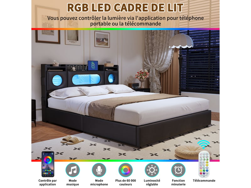  Lit coffre 140 x 200 - lit double  ports usb-a et usb-c, bandeau led - sommier à lattes inclus et coffre hydraulique -pu noir  - Conforama D