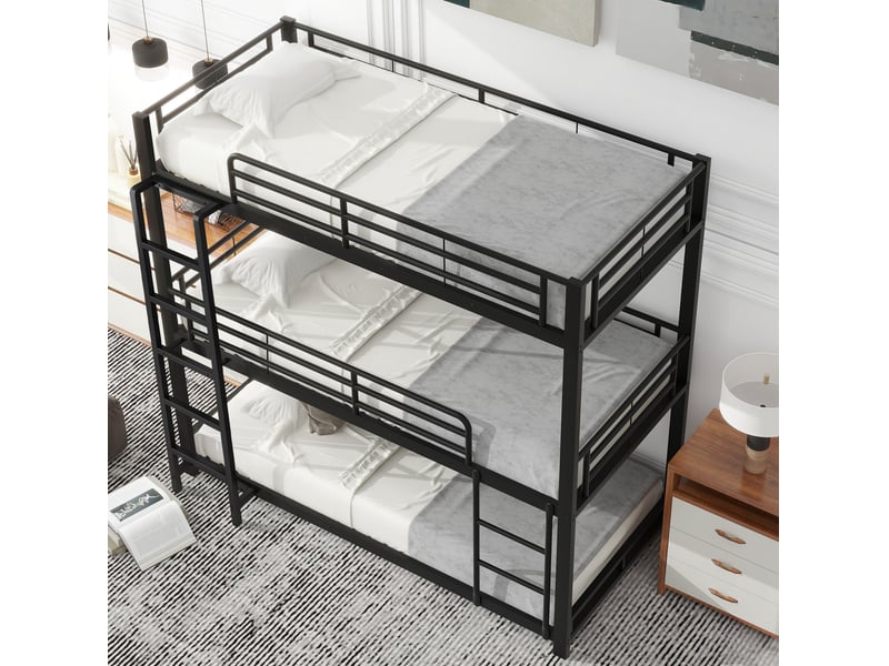  Modenvie lit superposé triple 90x200 cm - structure en métal, garde-corps, sans matelas - noir  - Conforama D
