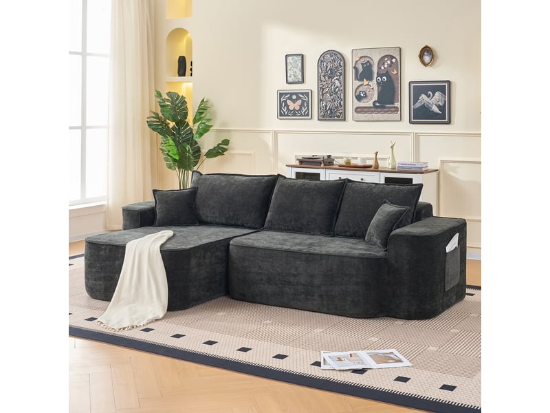  Canapé d'angle modulable 3 places sans montage, assise profonde, 2 éléments, poche latérale, canapé lounge en chenille noir Seren Glow - Conforama B