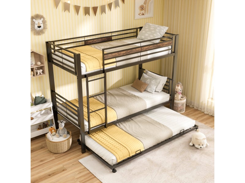  Lit superposé enfant 90x200 cm avec lit gigogne 90x190 cm - 3 couchages - pour chambre d’enfant - métal - noir  - Conforama E