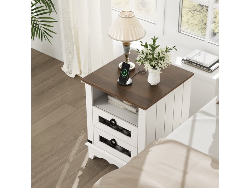  Table d'appoint farmhouse, station de recharge, 2 tiroirs, niche ouverte, 2 ports usb, 46 cm, salon bout canapé chevet, marron blanc PHO_0ZPH8GHH - Conforama C