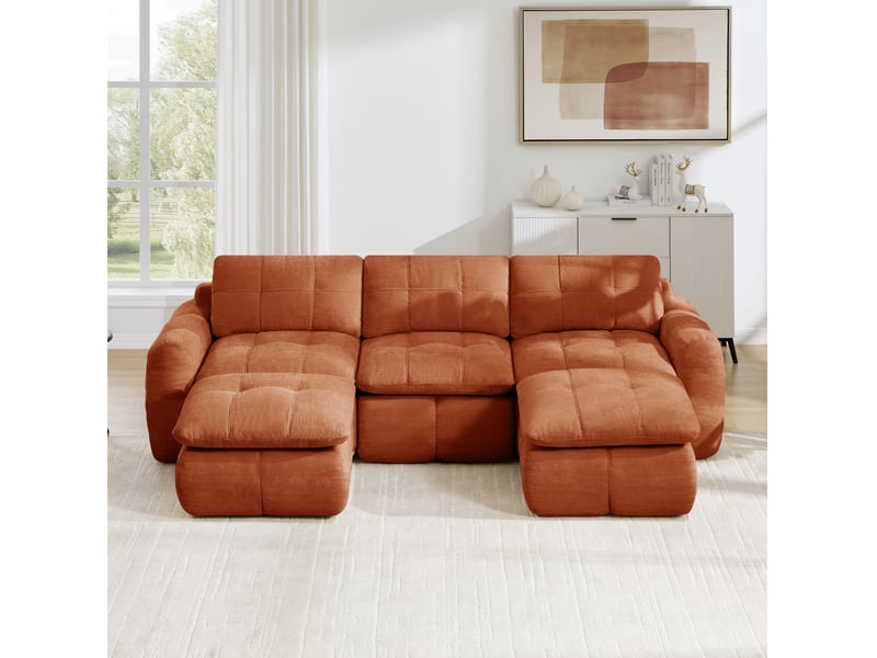  Canapé modulable en u 3 places avec 2 ottomans, en chenille orange  - Conforama B