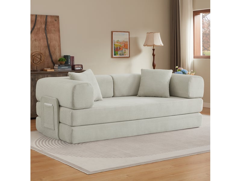  Canapé droit convertible 3 places en velours côtelé beige, avec 2 coussins, pour salon, chambre et appartement  - Conforama E