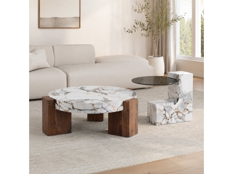 Table basse ronde 2 niveaux, plateau verre gris transparent et mdf noir en l, dessus imitation marbre blanc, design démontable pour espace flexible  - Conforama E