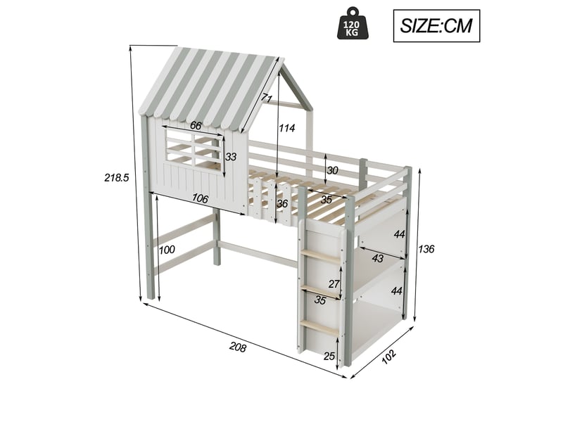  Lit mezzanine enfant 90x200 cm avec toit et échelle de sécurité vert  - Conforama C