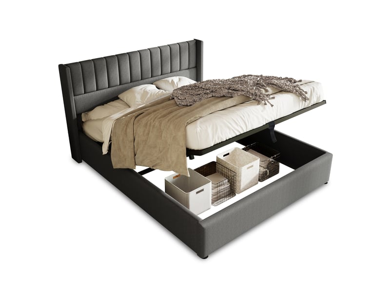 Lit coffre hydraulique 160 x 200 cm avec sommier à lattes et revêtement en lin gris - Conforama A