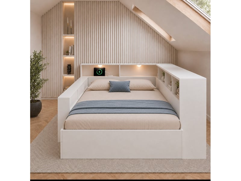  Lit 140 x 190 cm avec rangements, éclairage de lecture et ports usb, blanc  - Conforama C