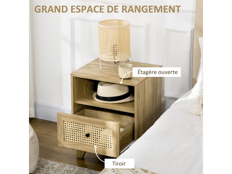  Lot de 2 tables de chevet  table de nuit avec 45 x 39 x 56,5 cm tiroir porte cannage et niche vintage  - Conforama E