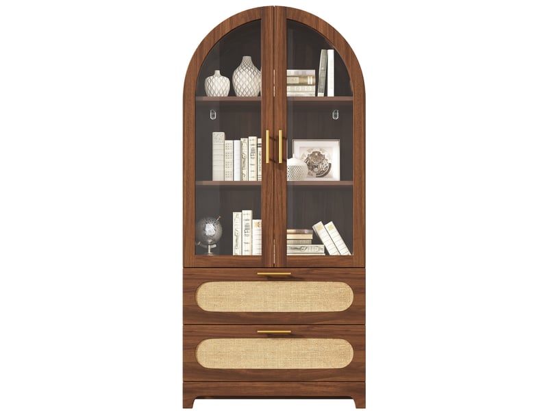 Vitrine 80x40x175 cm, portes en verre, 2 tiroirs, style rétro, poignées dorées, intérieur, pour bureau, en mdf, noyer - Conforama A