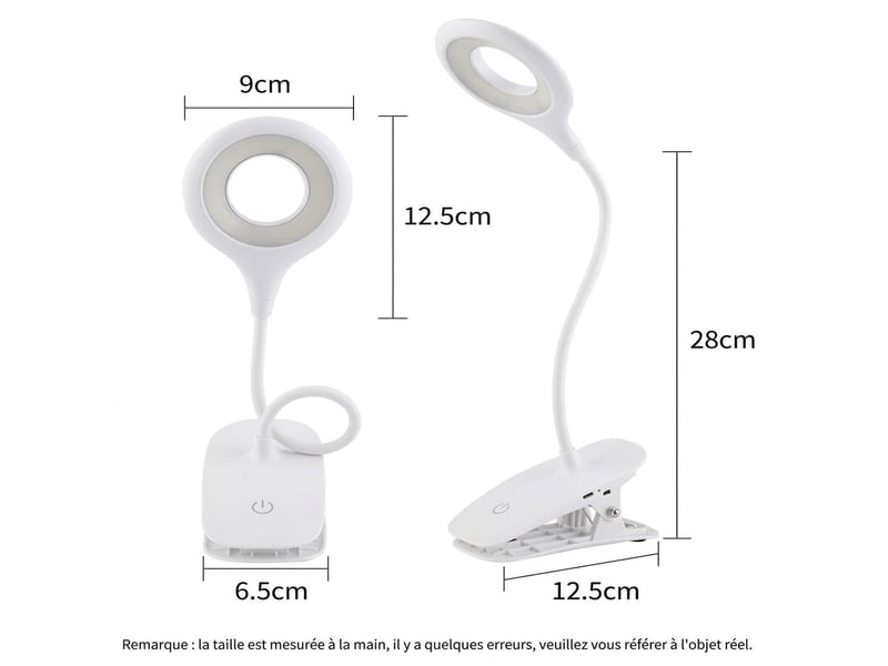  Lampe à pince led 5w rechargeable usb – lampe de bureau et de lecture flexible 360° tactile, 3 températures de couleur et intensité variable – blanc  - Conforama D