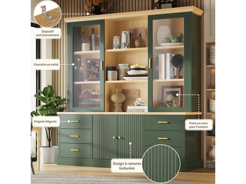 Buffet haut de cuisine 140 x 40 x 185 cm vert, 6 tiroirs, vitrines, niches ouvertes, façade rainurée 3d et poignées dorées, rangement cuisine - Conforama E