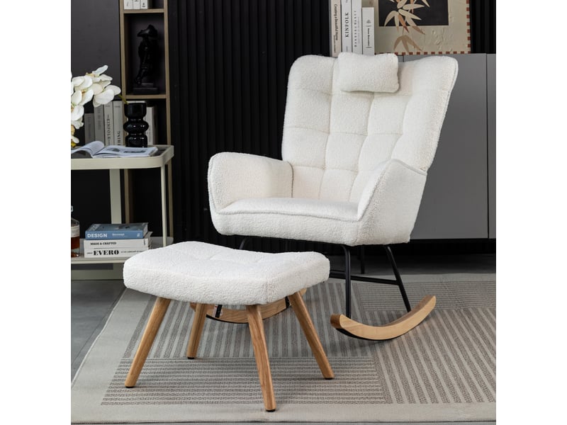  Fauteuil à bascule blanc avec repose-pieds et coussin, tissu bouclette, cadre en bois d'hévéa, assise 65 cm  - Conforama B