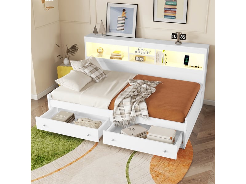  Lit banquette 90x200 cm - lit enfant multifonction avec ports usb et lumière led intégrée - structure mdf robuste - sans matelas - blanc  - Conforama E