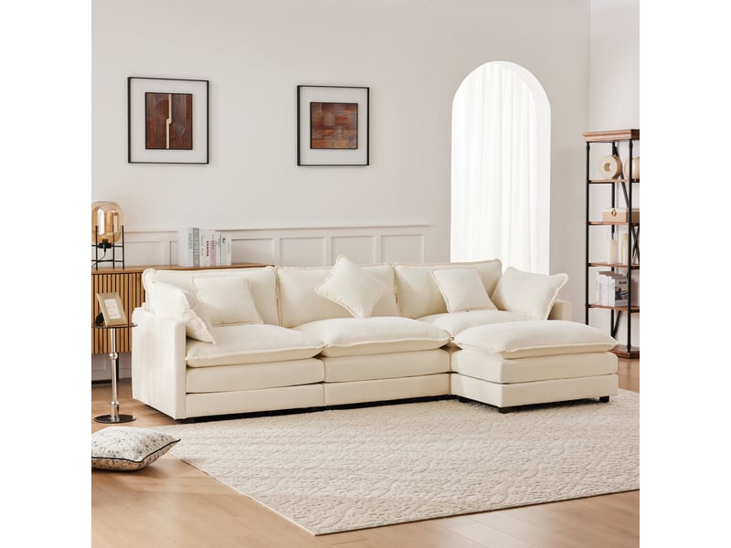 Canapé d'angle 3 places en chenille beige, grande assise avec pouf mobile, canapé familial pour salon et chambre - Conforama R