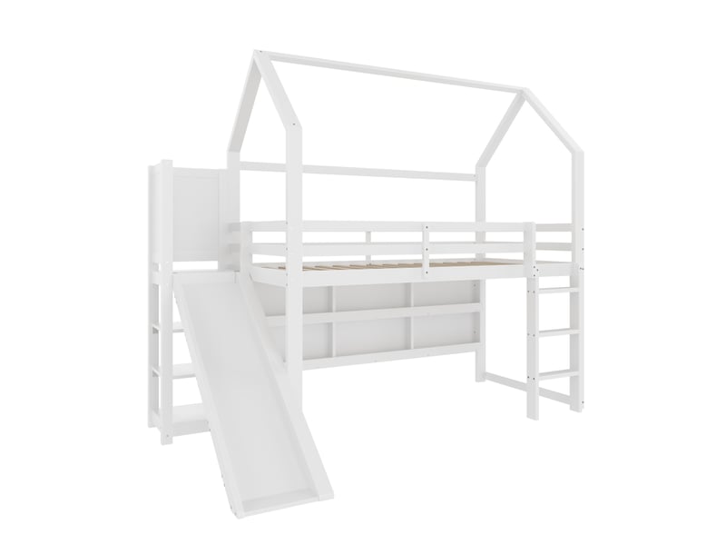  Lit mezzanine, 90 x 200 cm, avec bande led, en forme de maison, étagères, barrière, sans matelas, blanc  - Conforama E