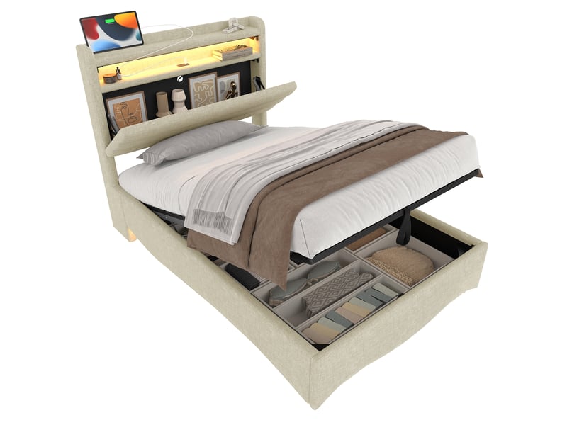  Lit coffre 90x200 cm style minimaliste avec éclairage led pilotable, ports usb et type-c, lin, beige, sans matelas  - Conforama A