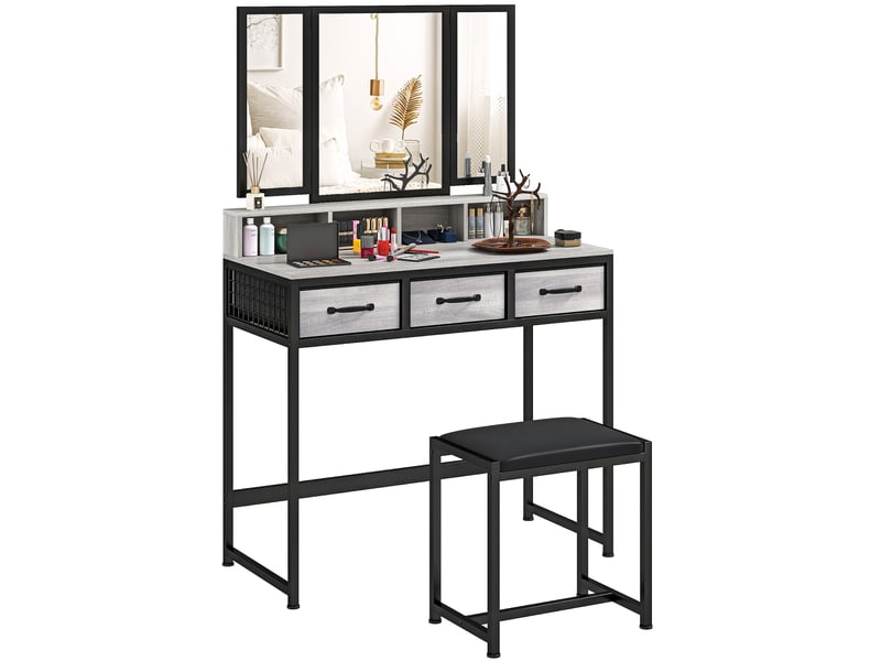  Coiffeuse avec miroir triptyque amovible, tabouret, 3 tiroirs en tissu, support pour sèche-cheveux, grise  - Conforama B