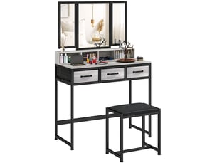 Coiffeuse avec miroir triptyque amovible, tabouret, 3 tiroirs en tissu, support pour sèche-cheveux, grise