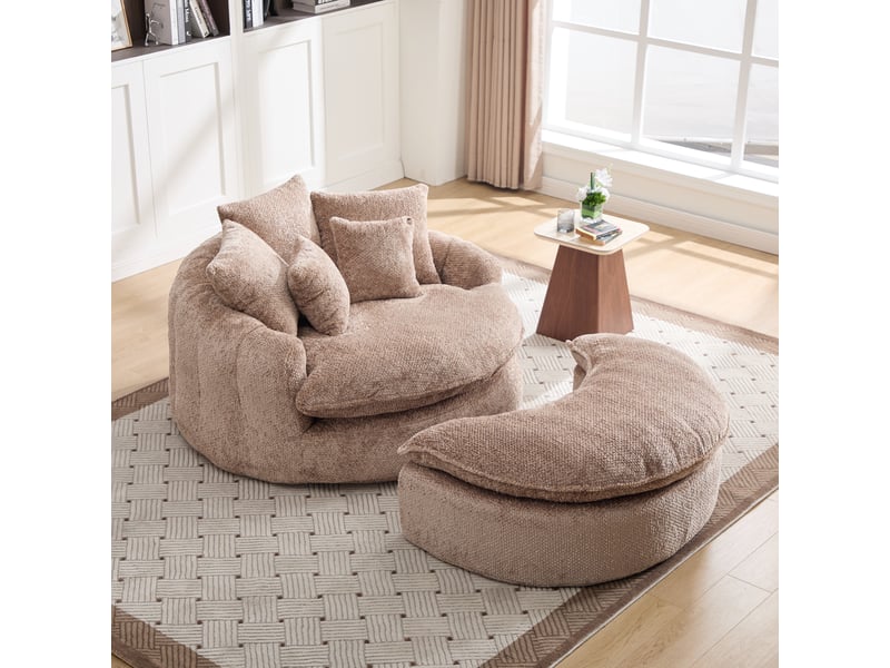 Canapé lounge xxl 1 place 190,5x138x63 cm, chaise longue ronde en polyester, assise profonde en mousse haute densité, coussins, sans montage, marron - Conforama B