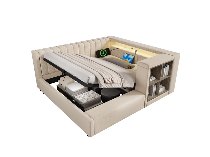  Lit banquette coffre 140x200 cm, banquette-lit, ouverture hydraulique, éclairage led, ports usb et type-c, sommier à lattes, lin beige CozyNest - Conforama A
