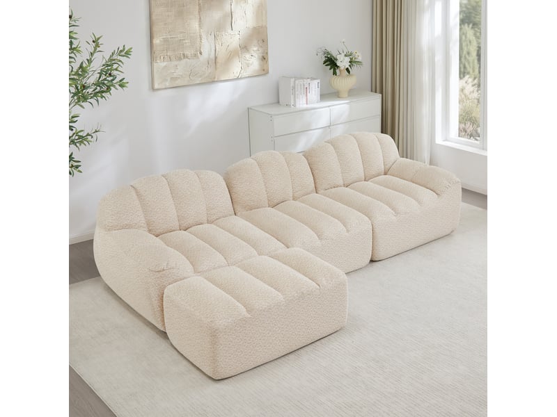  Canapé d'angle modulaire ulevr 3 places avec ottoman, tissu bouclette beige blanc, 288 x 165 x 79 cm  - Conforama D