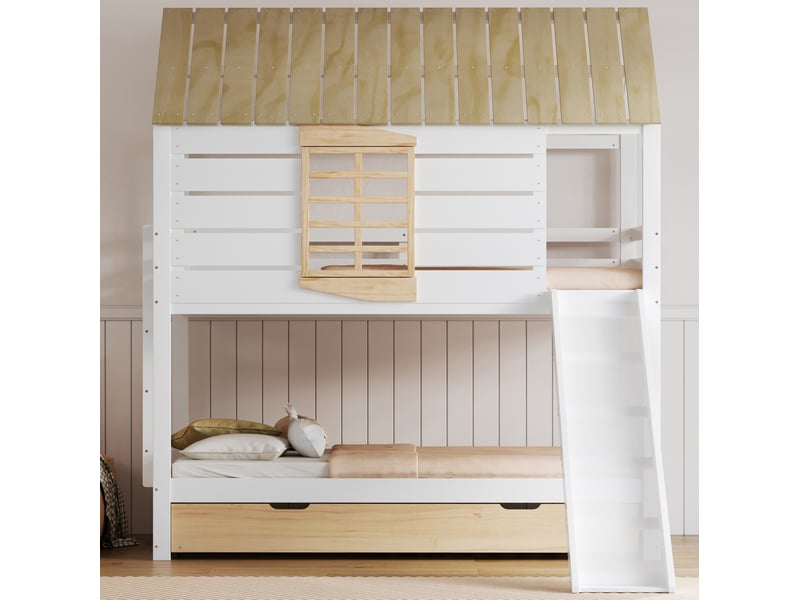 Elvmi lit superposé enfant 90x200 cm en forme de maison avec toit, fenêtre cœur, toboggan et lit gigogne, barrières de sécurité, échelle, structure en pin massif et mdf, blanc et naturel - Conforama B