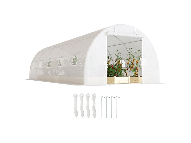 Serre tunnel extérieur 8x3x2 m, 12 fenêtres, porte enroulable, plantestomateslégumes, acierpe 140 gm², blanc. - Conforama A