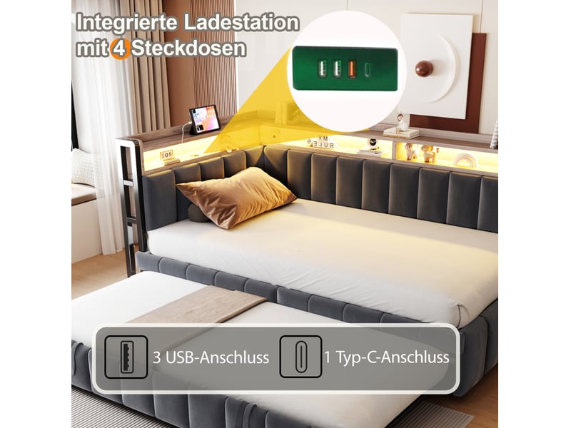 Lit gigogne 90x200 cm en velours gris foncé, canapé avec led réglable, usb, type-c et rangements, sans matelas - Conforama C