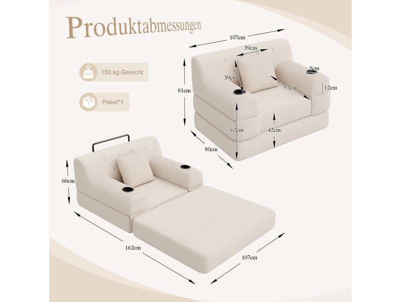 Canapé convertible compressé 1 place en velours côtelé beige, 4 poches et 2 porte-gobelets - Conforama C