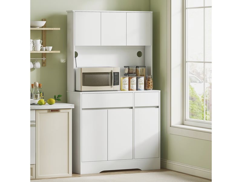  Meuble de cuisine avec plan de travail ouvert, 6 portes, 2 tiroirs, étagères réglables, passe-câbles, panneaux de particules, blanc  - Conforama C